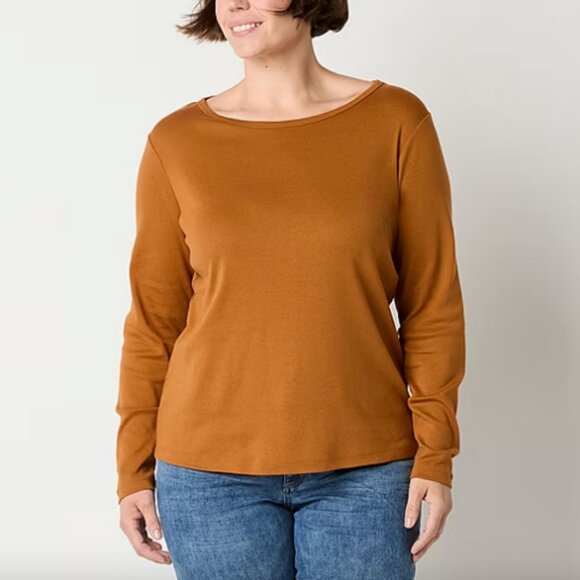 St. John's Bay Womens Crew Neck Long Sleeve T-Shirt, Pecan Size Medium - Picture 3 of 3